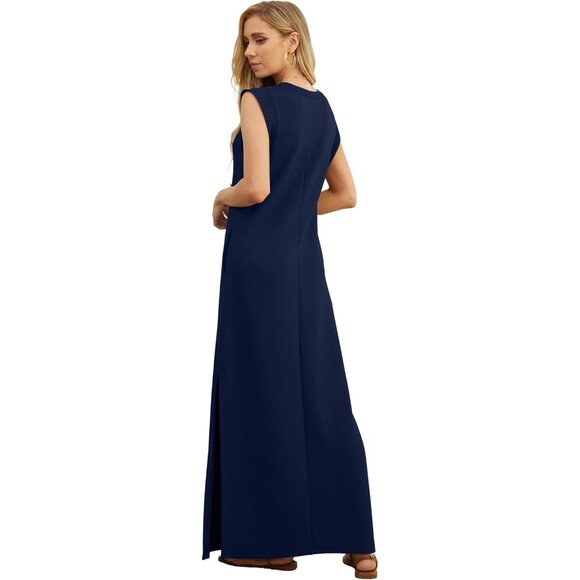 Grecerelle Women Navy Blue Round Neck Loose Split Wrinkle-Free Long Maxi Dress - Picture 6 of 6